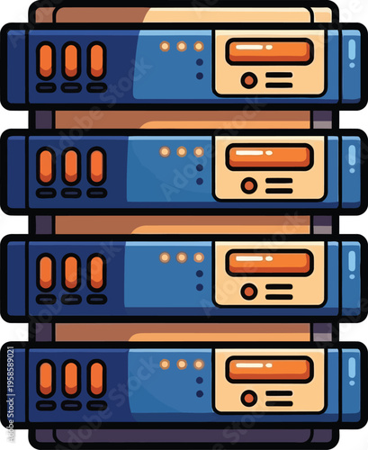 Server rack illustration displays four stacked network units with blinking indicator lights for data center operations.