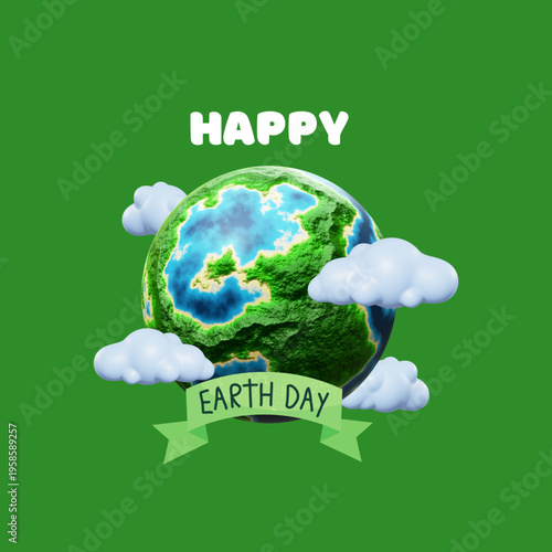 Happy Earth day handdrawn lettering. Green background with plants and leaves.