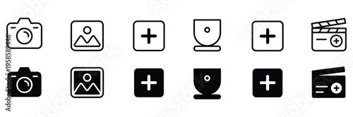 Camera with plus sign, insert and add video or photo icon add photo, content creation and upload symbol