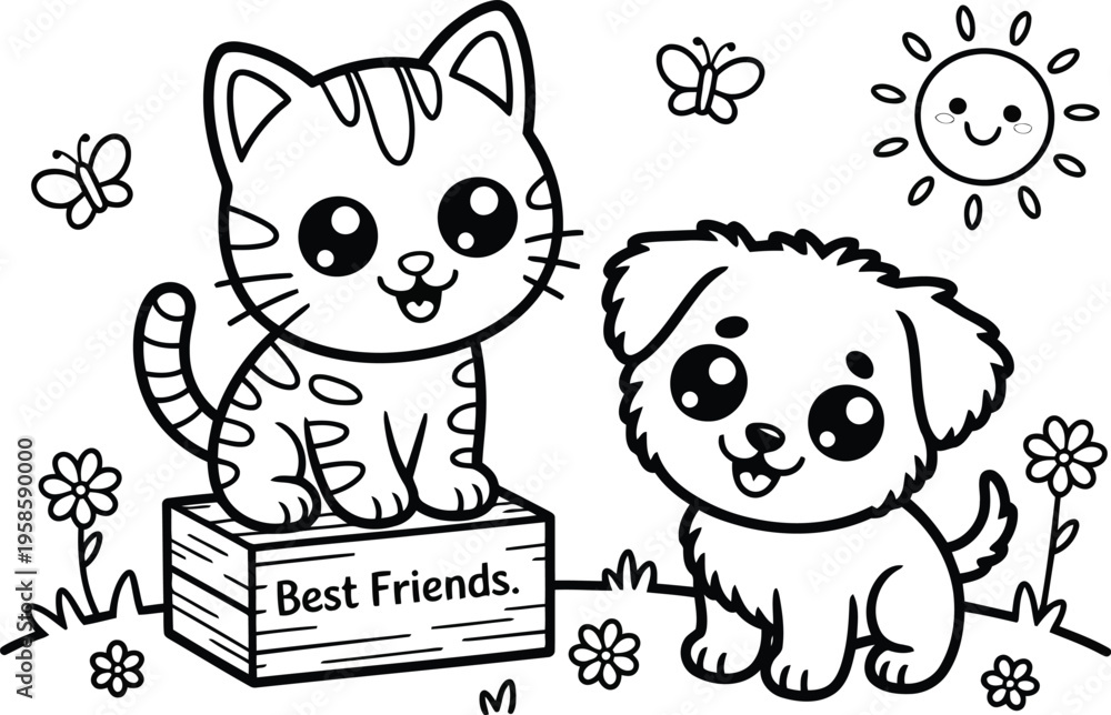 Obraz premium Adorable cartoon cat and dog playing happily outdoors with flowers and a cheerful sun
