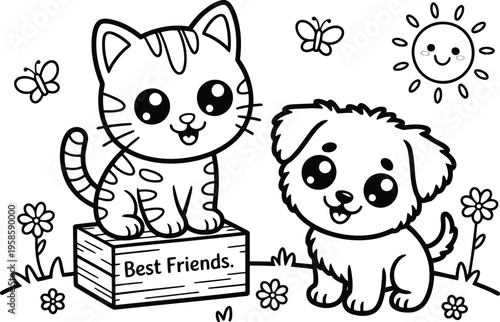 Adorable cartoon cat and dog playing happily outdoors with flowers and a cheerful sun