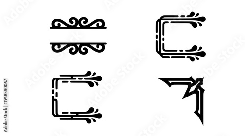 Set of black folded ribbon banners, ornate text dividers, and sharp corner frames. Ideal for web design, invitations, and elegant text placeholders