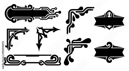 Set of black scifi banners, tribal corner borders, and gothic text boxes. Ideal for gaming overlays, futuristic UI design, and text placeholders