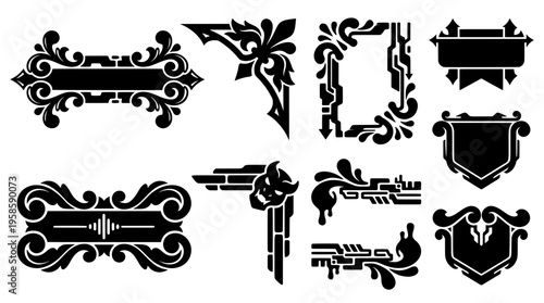 Collection of black ornate frames, tech corner borders, gaming banners, and shield badges. Perfect for sci-fi UI, fantasy overlays, and text boxes