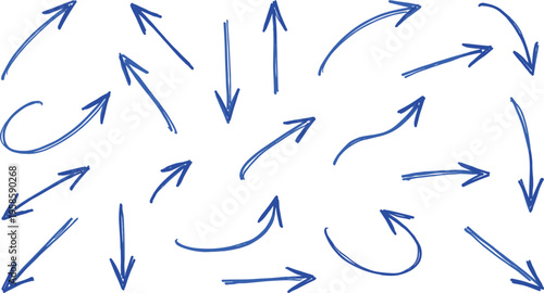 Blue hand drawn felt tip pen arrow set with smooth ink strokes and various directional pointers for educational presentations