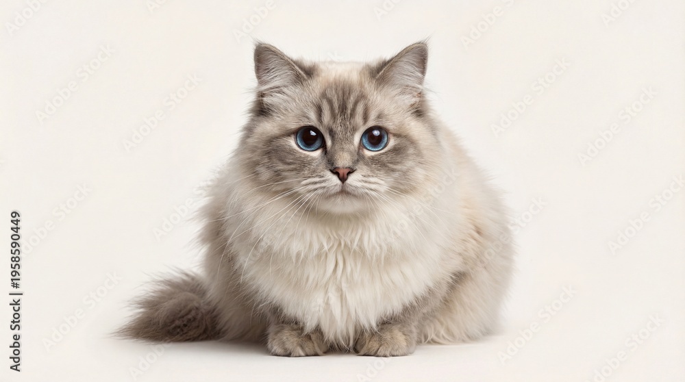 Fototapeta premium Fluffy Ragdoll Cat with Blue Eyes on White Background