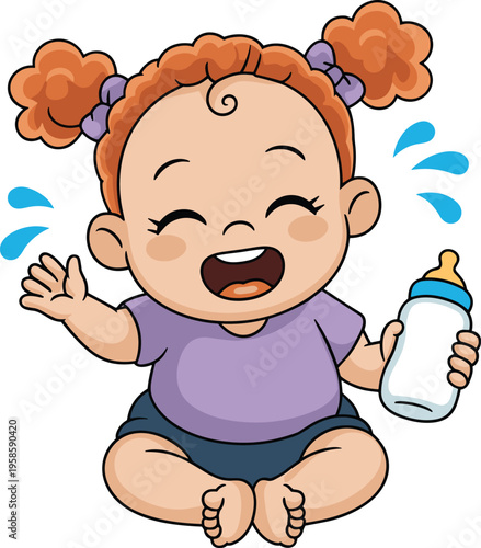 Cute happy baby girl character sitting and holding milk bottle for parenting childcare and infant nutrition vector illustration.