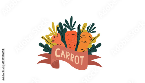 Carrot vector illustration with colorful leaves and banner