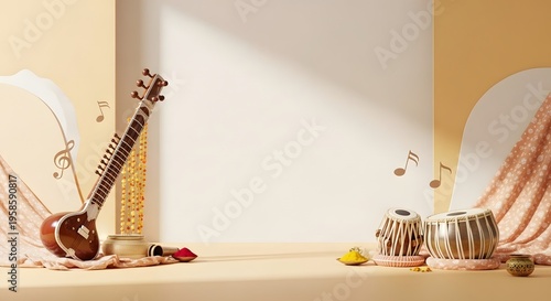 Minimalist Indian Music Background with Sitar, Tabla and Warm Festive Gradient Lighting