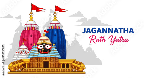 Jagannatha rath yatra festival illustration with temple and deity
