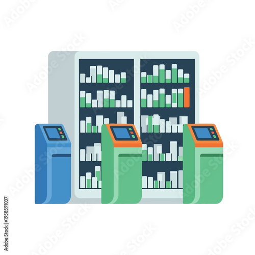 Modern Self-Checkout Kiosks and Digital Display Cabinet.
