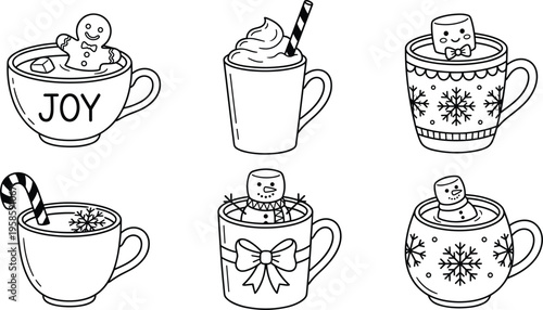 Collection of hand drawn black and white Christmas hot cocoa mugs featuring gingerbread man snowman marshmallow and snowflake patterns for winter seasonal holiday coloring or design