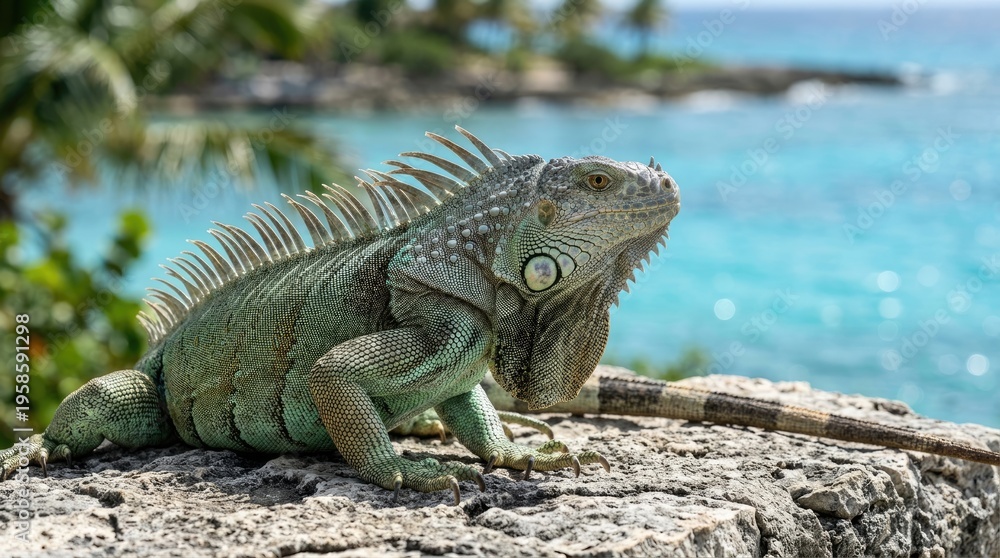 Obraz premium Green iguana on rock by tropical ocean, exotic reptile basking