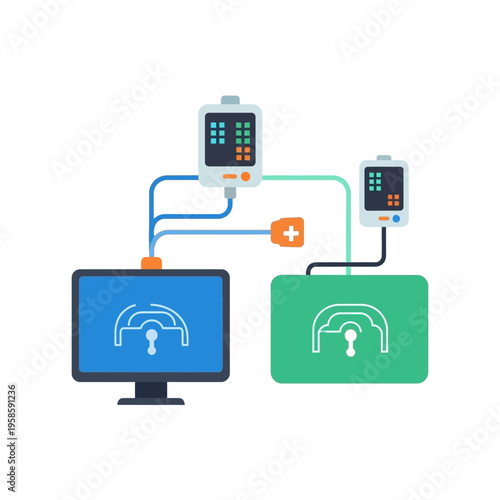 Modern Technology Network Diagram with Computer and Devices.