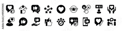 Customer feedback icon vector set. Client satisfaction, review, rating, experience, service, support contains five stars, thumbs up, like, good, love, happy, checkmark in social media - illustration