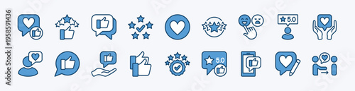 Set of customer feedback icon. Satisfaction, review, rating, experience, service, support of client. five stars, thumbs up, like, good, love, happy, checkmark in social media - vector illustration