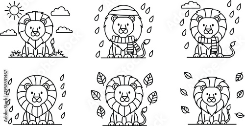 Cute lion weather seasons coloring set with sun rain autumn leaves cartoon line art vector illustration collection
