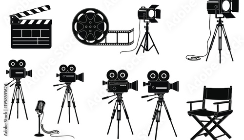 A film camera vector icon set for cinematography and movie production
