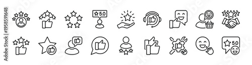 Customer five stars review, rating, feedback, experience icon set. Contains thumbs up satisfaction for service, support, survey, quality, comment, opinion, testimonial - vector illustration