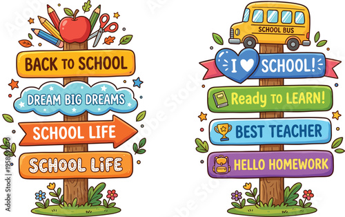 Colorful back to school wooden signpost set with educational icons school bus and inspirational quotes for classroom decoration