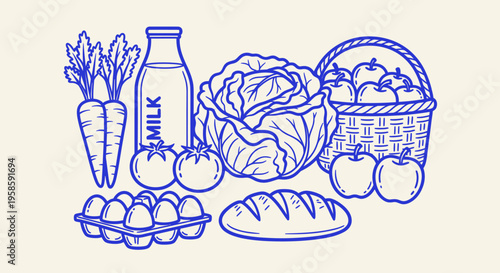 Sketch of fresh produce including vegetables fruit dairy and baked goods