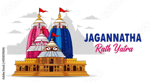 Jagannatha rath yatra festival illustration with colorful temple