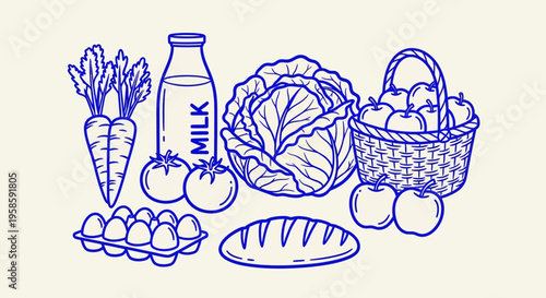Fresh groceries including milk vegetables fruits eggs and bread