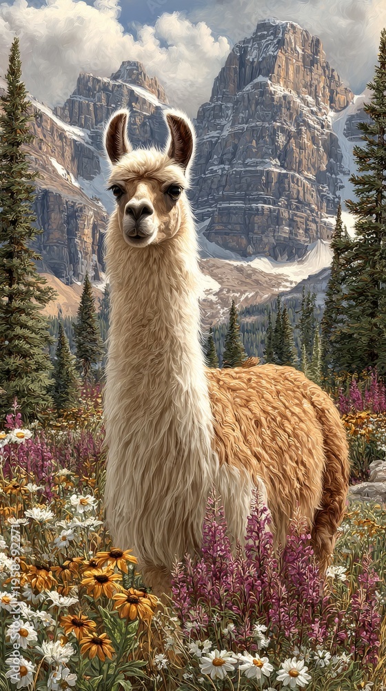Obraz premium In a lush meadow filled with vibrant wildflowers, an alpaca grazes calmly as mountains loom in the distance
