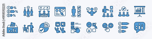 Poll survey icon set. Contains ballot, opinion, data analysis, feedback, graphic, percentage, questionnaire, choice, result, approval, vote, decide, select, approve - vector illustration