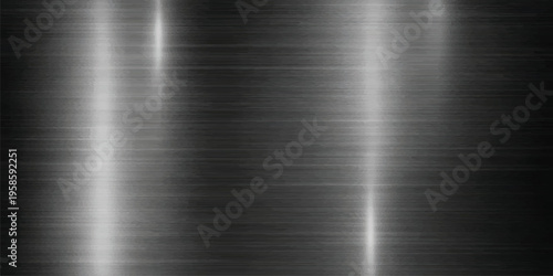 Black brushed metal texture background with sharp vertical light reflections, fine horizontal lines forming a sleek, modern industrial surface, metallic texture