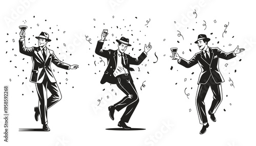 Dancing businessman vector illustration set in black and white celebrating with confetti