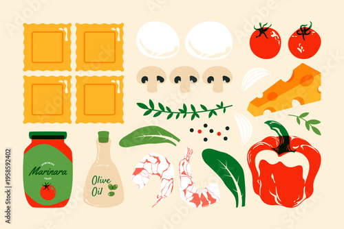 Italian food. Fresh pasta ingredients for ravioli with shrimps, tomatoes cheese mushroom bell pepper herbs, traditional Italian cuisine, mediterranean macaroni dish elements. Vector set