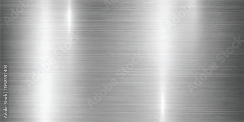 Brushed metal background with sharp horizontal striations and bright, clean vertical light reflections, silver-gray metallic texture for modern designs, horizontal lines