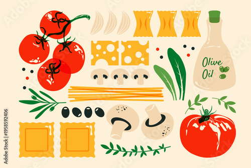 Italian food. Fresh pasta ingredients tomatoes cheese mushroom ravioli spaghetti farfalle herbs, national Italian cuisine macaroni elements, mediterranean food concept. Vector set