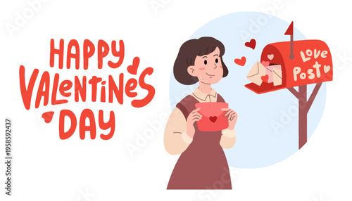 Valentine's Day illustration of a girl holding a heart shaped card