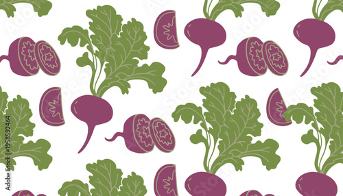 Beetroot vector illustration pattern with green leaves on white background