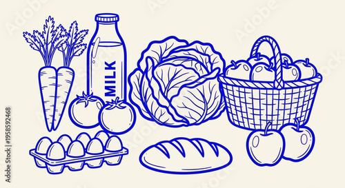 Grocery store items including milk vegetables fruits bread and eggs