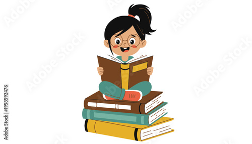 A young girl reading a book sitting on a stack of books
