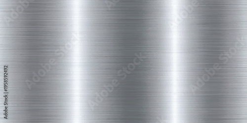 Seamless brushed metal texture with fine horizontal lines and prominent vertical light reflections, cool metallic gray background for technology, industry, or design