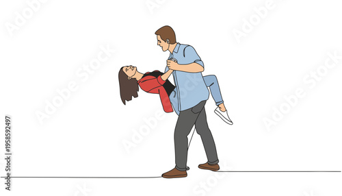 A man carrying a woman in his arms in a romantic gesture