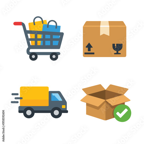 Shopping And Delivery Icons With Shopping Cart