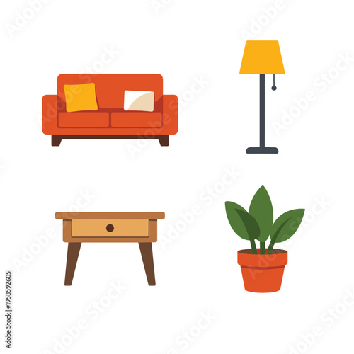 Four Room Furniture Icons In Garden With Plant