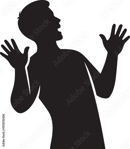 Surprised Person Silhouette Vector Icon, Expressive Body Language with Raised Hands, Minimal Black Figure, Isolated on Transparent Background