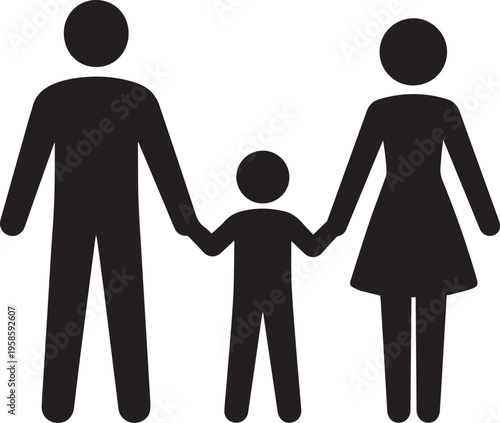 Black Family Silhouette Icon – Parents and Child Holding Hands Front View, Minimal Symbolic Design Isolated on Transparent Background