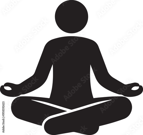 Minimalist Black Silhouette Vector of Person Meditating, Sitting Cross-Legged, Calm Posture, Front View, Solid Black Fill, Clean Vector Style, Isolated on Transparent Background