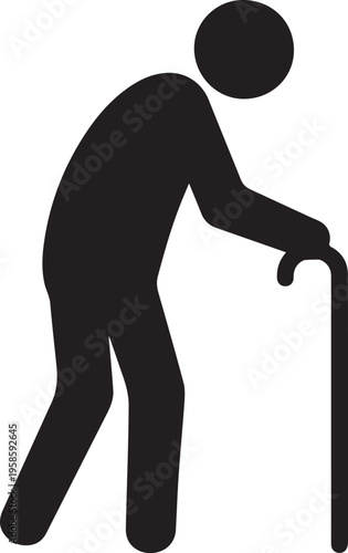 Elderly Person Walking with Cane Silhouette Vector Icon – Senior Man Bent Posture Side View Solid Black Minimal Design Isolated on Transparent Background