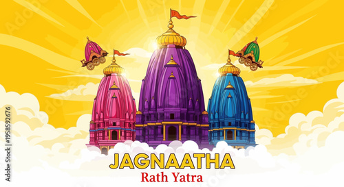 Vibrant illustration of jagannath temple with colorful towers and flags