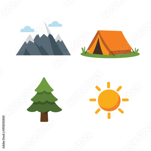 Mountain Camp Sun Tree With Tent Vector Illustration