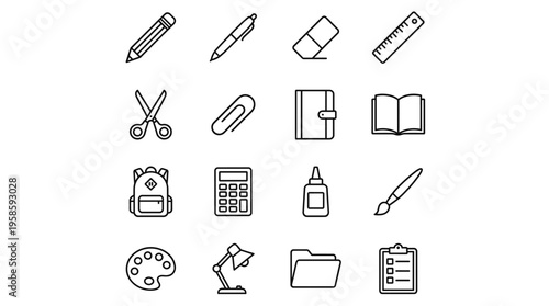 Set of 16 Outline School and Office Supplies Icons Vector