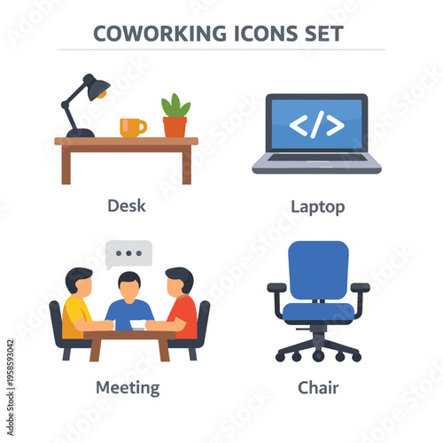 Coworking Icons Set Office Equipment At Desk